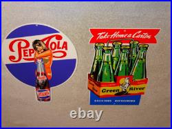Vintage Soda Sign Lot Of 2 Green River Mermaid Pepsi Cola Woman Metal Gas & Oil