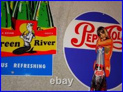 Vintage Soda Sign Lot Of 2 Green River Mermaid Pepsi Cola Woman Metal Gas & Oil