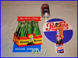Vintage Soda Sign Lot Of 2 Green River Mermaid Pepsi Cola Woman Metal Gas & Oil