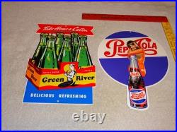 Vintage Soda Sign Lot Of 2 Green River Mermaid Pepsi Cola Woman Metal Gas & Oil