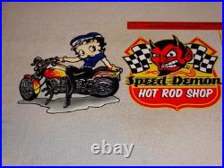 Vintage Speed Shop Motorcycle Betty Boop 11 3/4 Metal Gas Advertising Sign Lot