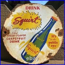 Vintage Squirt Soda Porcelain Metal Sign Gas Station Pop Drink Beverage Oil Lube