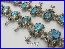 Vintage Sterling Silver 925 SQUASH BLOSSOM Navajo SIGNED Turquoise Necklace