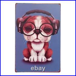 Vintage Style Bull Dog with Earphones Decorative Tin Sign Wall Art 12 x 8