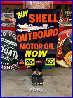 Vintage Style Metal Sign 2 Sided Shell Outboard Oil NOT Porcelain 34x24 Made USA