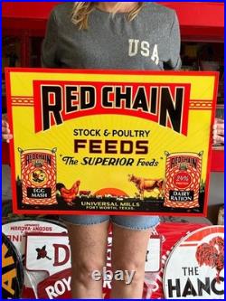 Vintage Style Metal Sign Red Chain Feeds NOT Porcelain 24x18 Made USA