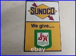 Vintage Sunoco Green Stamps Gasoline Motor Oils Porcelain Metal Gas Pump Sign