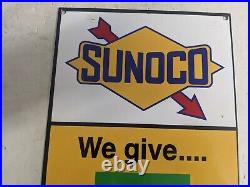 Vintage Sunoco Green Stamps Gasoline Motor Oils Porcelain Metal Gas Pump Sign