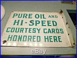 Vintage TWO-SIDED Pure Oil and Hi-Speed Courtesy Card Metal Sign RARE