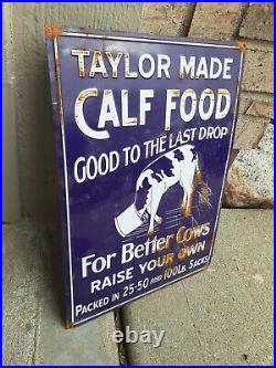 Vintage Taylor Made Calf Food Sign Metal Embossed Cow Farm Hog Feed Dairy