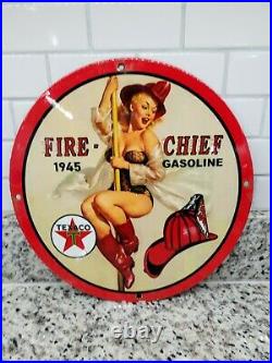 Vintage Texaco Fire Chief Porcelain Metal Sign Texas USA Gas Oil Garage Man Cave