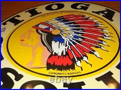 Vintage Tioga Indian Chief Gasoline 11 3/4 Porcelain Metal Petroleum Oil Sign