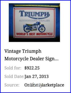 Vintage Triumph Motorcycles Dealer Porcelain Metal Gasoline & Oil Sign Lo Enamel