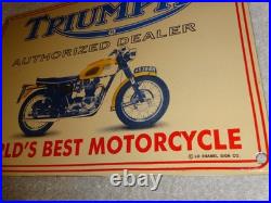 Vintage Triumph Motorcycles Dealer Porcelain Metal Gasoline & Oil Sign Lo Enamel