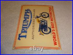 Vintage Triumph Motorcycles Dealer Porcelain Metal Gasoline & Oil Sign Lo Enamel