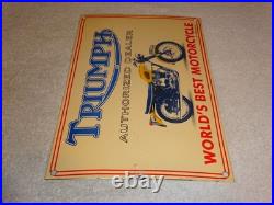 Vintage Triumph Motorcycles Dealer Porcelain Metal Gasoline & Oil Sign Lo Enamel