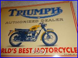 Vintage Triumph Motorcycles Dealer Porcelain Metal Gasoline & Oil Sign Lo Enamel