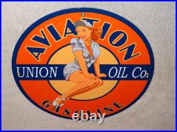 Vintage Union Aviation Gasoline Station +woman 11 3/4 Porcelain Metal Oil Sign