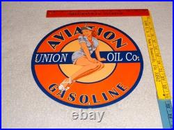 Vintage Union Aviation Gasoline Station +woman 11 3/4 Porcelain Metal Oil Sign