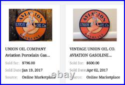 Vintage Union Aviation Gasoline Station +woman 11 3/4 Porcelain Metal Oil Sign
