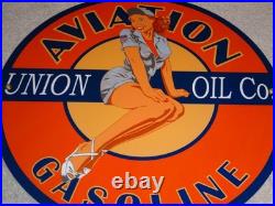 Vintage Union Aviation Gasoline Station +woman 11 3/4 Porcelain Metal Oil Sign