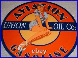 Vintage Union Aviation Gasoline Station +woman 11 3/4 Porcelain Metal Oil Sign