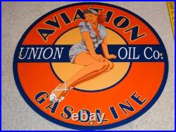 Vintage Union Aviation Gasoline Station +woman 11 3/4 Porcelain Metal Oil Sign