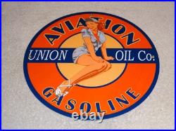 Vintage Union Aviation Gasoline Station +woman 11 3/4 Porcelain Metal Oil Sign
