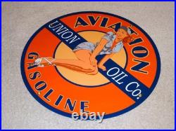 Vintage Union Aviation Gasoline Station +woman 11 3/4 Porcelain Metal Oil Sign