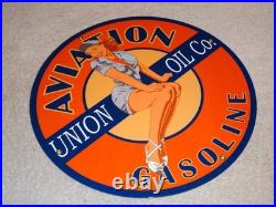 Vintage Union Aviation Gasoline Station +woman 11 3/4 Porcelain Metal Oil Sign