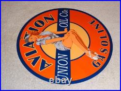 Vintage Union Aviation Gasoline Station +woman 11 3/4 Porcelain Metal Oil Sign