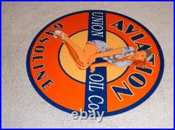 Vintage Union Aviation Gasoline Station +woman 11 3/4 Porcelain Metal Oil Sign