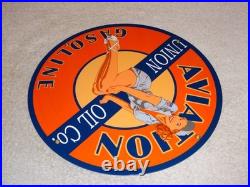 Vintage Union Aviation Gasoline Station +woman 11 3/4 Porcelain Metal Oil Sign