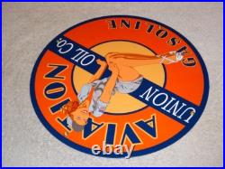 Vintage Union Aviation Gasoline Station +woman 11 3/4 Porcelain Metal Oil Sign