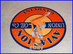 Vintage Union Aviation Gasoline Station +woman 11 3/4 Porcelain Metal Oil Sign