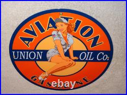 Vintage Union Aviation Gasoline Station +woman 11 3/4 Porcelain Metal Oil Sign