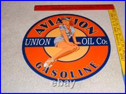 Vintage Union Aviation Gasoline Station +woman 11 3/4 Porcelain Metal Oil Sign