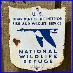 Vintage Us National Wildlife Refuge Porcelain Metal Sign Dept Of Interior Fish