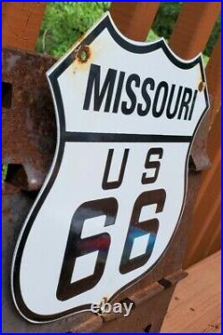 Vintage Us Route 66 Porcelain Metal Gasoline Auto Missouri Road Trip Shield Sign