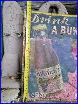Vintage WELCH'S GRAPE JUICE Tin Metal Soda Sign Advertising 1931 Embossed