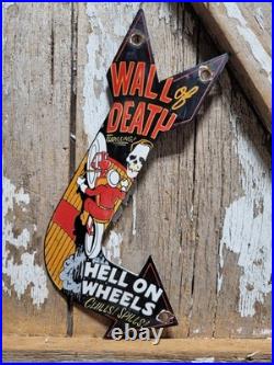 Vintage Wall Of Death Porcelain Sign Rare Old Hell On Wheels Motorcycle Show