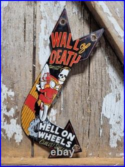 Vintage Wall Of Death Porcelain Sign Rare Old Hell On Wheels Motorcycle Show