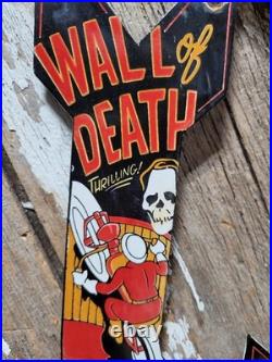 Vintage Wall Of Death Porcelain Sign Rare Old Hell On Wheels Motorcycle Show