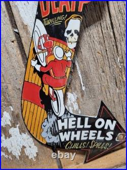Vintage Wall Of Death Porcelain Sign Rare Old Hell On Wheels Motorcycle Show