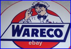 Vintage Wareco Gas Service Station Man 11 3/4 Porcelain Metal Gasoline Oil Sign
