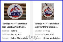 Vintage Wareco Gas Service Station Man 11 3/4 Porcelain Metal Gasoline Oil Sign