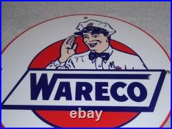 Vintage Wareco Gas Service Station Man 11 3/4 Porcelain Metal Gasoline Oil Sign