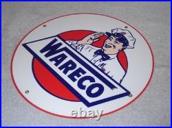 Vintage Wareco Gas Service Station Man 11 3/4 Porcelain Metal Gasoline Oil Sign