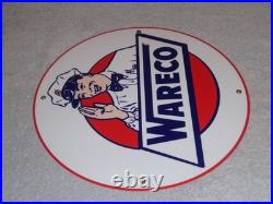 Vintage Wareco Gas Service Station Man 11 3/4 Porcelain Metal Gasoline Oil Sign