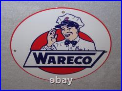 Vintage Wareco Gas Service Station Man 11 3/4 Porcelain Metal Gasoline Oil Sign